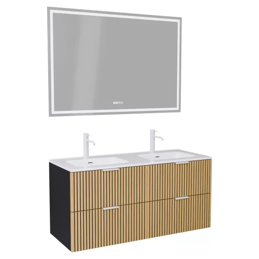 HD Parma Matt Black 120 komplett fürdőszoba bútor fali mosdószekrénnyel, matt fehér fogantyúkkal és tükörrel