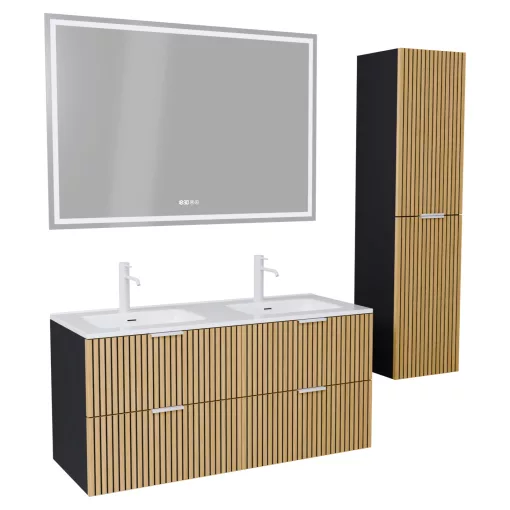 HD Parma Matt Black 120 komplett fürdőszoba bútor szett fali mosdószekrénnyel, matt fehér fogantyúkkal, tükörrel és magasszekrénnyel