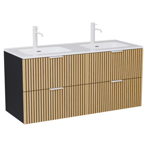 HD Parma Matt Black 120 komplett fürdőszoba bútor szett fali mosdószekrénnyel, matt fehér fogantyúkkal, tükörrel és magasszekrénnyel