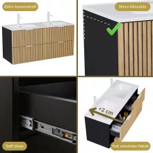 HD Parma Matt Black 120 komplett fürdőszoba bútor szett fali mosdószekrénnyel, matt fehér fogantyúkkal, tükörrel és magasszekrénnyel