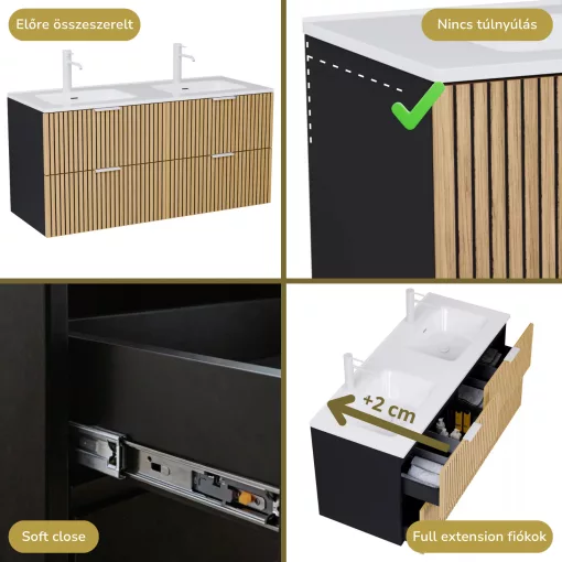 HD Parma Matt Black 120 komplett fürdőszoba bútor szett fali mosdószekrénnyel, matt fehér fogantyúkkal, tükörrel és magasszekrénnyel
