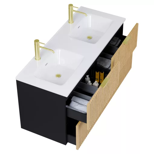 HD Parma Matt Black 120 komplett fürdőszoba bútor fali mosdószekrénnyel, szálcsiszolt arany fogantyúkkal és tükörrel