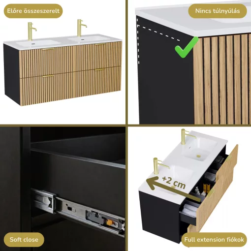 HD Parma Matt Black 120 komplett fürdőszoba bútor fali mosdószekrénnyel, szálcsiszolt arany fogantyúkkal és tükörrel