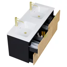 HD Parma Matt Black 120 komplett fürdőszoba bútor szett fali mosdószekrénnyel, szálcsiszolt arany fogantyúkkal, tükörrel és magasszekrénnyel