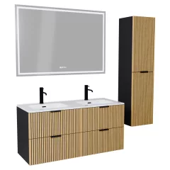   HD Parma Matt Black 120 komplett fürdőszoba bútor szett fali mosdószekrénnyel, matt fekete fogantyúkkal, tükörrel és magasszekrénnyel