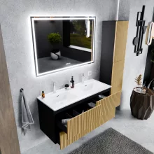 HD Parma Pro Matt Black 120 komplett fürdőszoba bútor fali push-to-open mosdószekrénnyel és tükörrel