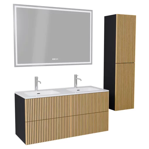 HD Parma Pro Matt Black 120 komplett fürdőszoba bútor szett fali push-to-open mosdószekrénnyel, tükörrel és magasszekrénnyel