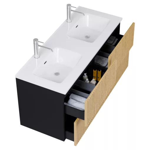 HD Parma Pro Matt Black 120 komplett fürdőszoba bútor szett fali push-to-open mosdószekrénnyel, tükörrel és magasszekrénnyel