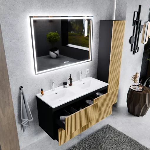 HD Parma Pro Matt Black 120 komplett fürdőszoba bútor szett fali push-to-open mosdószekrénnyel, tükörrel és magasszekrénnyel