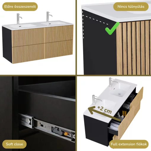 HD Parma Pro Matt Black 120 komplett fürdőszoba bútor szett fali push-to-open mosdószekrénnyel, tükörrel és magasszekrénnyel