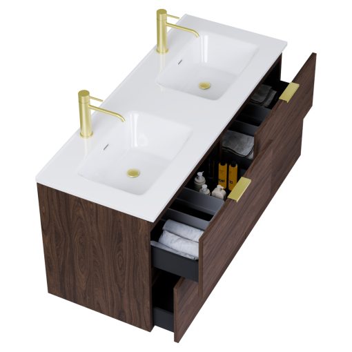 HD Palermo Matt Hazel 120 komplett fürdőszoba bútor fali mosdószekrénnyel, szálcsiszolt arany fogantyúkkal és tükörrel