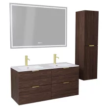 HD Palermo Matt Hazel 120 komplett fürdőszoba bútor szett fali mosdószekrénnyel, szálcsiszolt arany fogantyúkkal, tükörrel és magasszekrénnyel