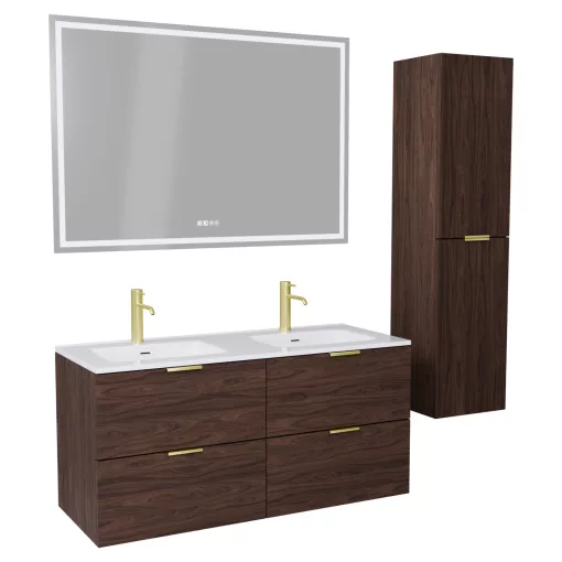 HD Palermo Matt Hazel 120 komplett fürdőszoba bútor szett fali mosdószekrénnyel, szálcsiszolt arany fogantyúkkal, tükörrel és magasszekrénnyel