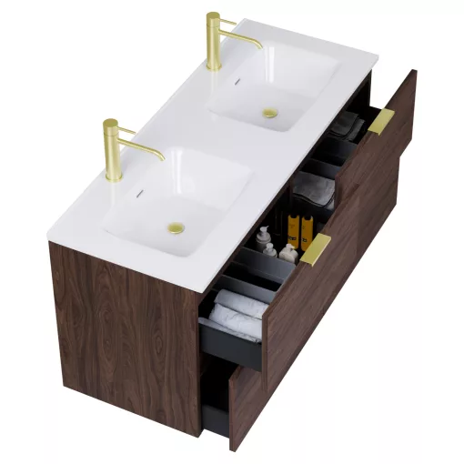 HD Palermo Matt Hazel 120 komplett fürdőszoba bútor szett fali mosdószekrénnyel, szálcsiszolt arany fogantyúkkal, tükörrel és magasszekrénnyel