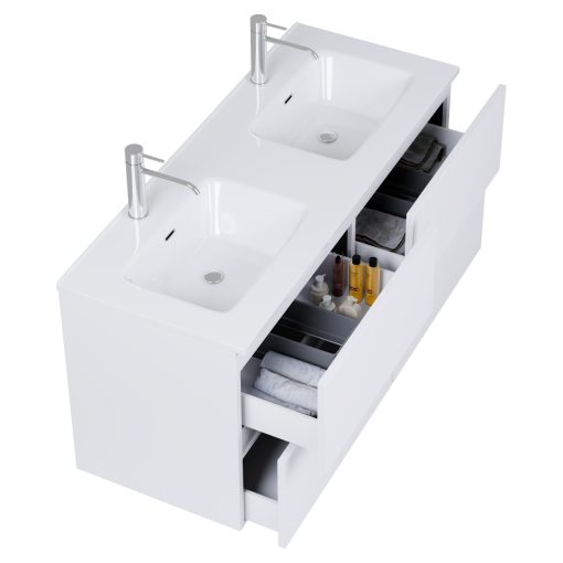 HD Aria Pro Silk Matt White 120 komplett fürdőszoba bútor fali push-to-open mosdószekrénnyel és tükörrel