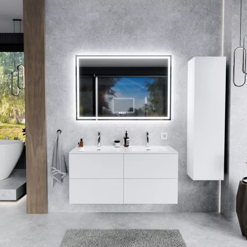 HD Aria Pro Silk Matt White 120 komplett fürdőszoba bútor fali push-to-open mosdószekrénnyel és tükörrel