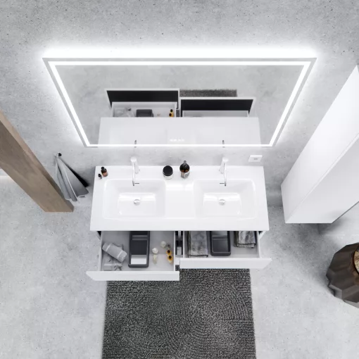 HD Aria Pro Silk Matt White 120 komplett fürdőszoba bútor fali push-to-open mosdószekrénnyel és tükörrel