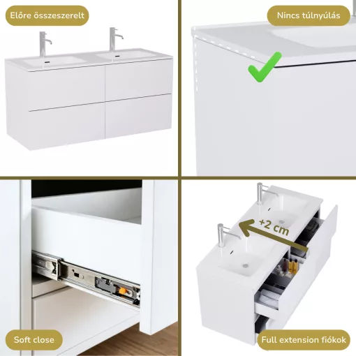 HD Aria Pro Silk Matt White 120 komplett fürdőszoba bútor fali push-to-open mosdószekrénnyel és tükörrel