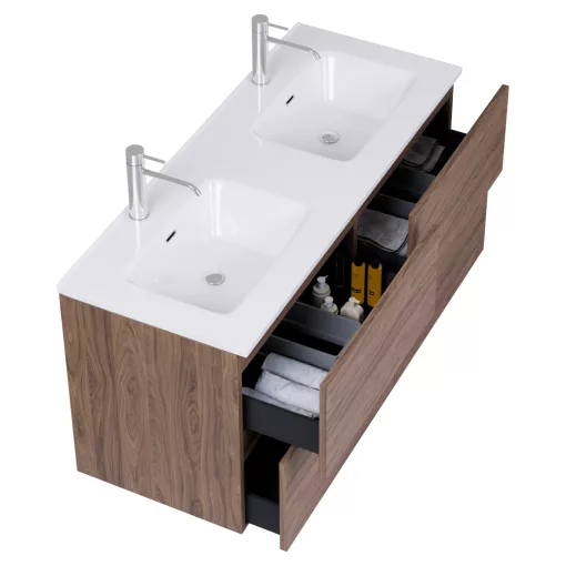 HD Aria Pro Oak 120 komplett fürdőszoba bútor szett fali push-to-open mosdószekrénnyel, tükörrel és magasszekrénnyel