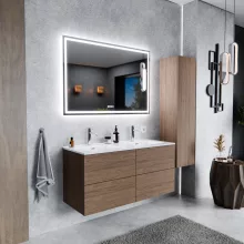 HD Aria Pro Oak 120 komplett fürdőszoba bútor szett fali push-to-open mosdószekrénnyel, tükörrel és magasszekrénnyel