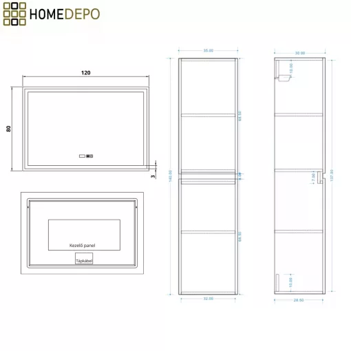 HD Aria Pro Oak 120 komplett fürdőszoba bútor szett fali push-to-open mosdószekrénnyel, tükörrel és magasszekrénnyel