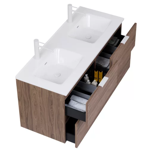 HD Palermo Oak 120 komplett fürdőszoba bútor szett fali mosdószekrénnyel, matt fehér fogantyúkkal, tükörrel és magasszekrénnyel