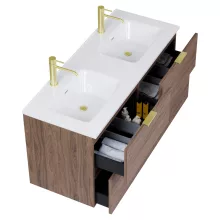 HD Palermo Oak 120 komplett fürdőszoba bútor szett fali mosdószekrénnyel, szálcsiszolt arany fogantyúkkal, tükörrel és magasszekrénnyel