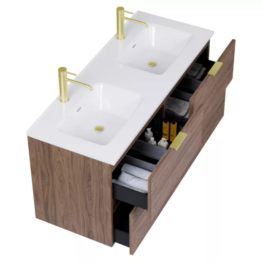 HD Palermo Oak 120 komplett fürdőszoba bútor szett fali mosdószekrénnyel, szálcsiszolt arany fogantyúkkal, tükörrel és magasszekrénnyel