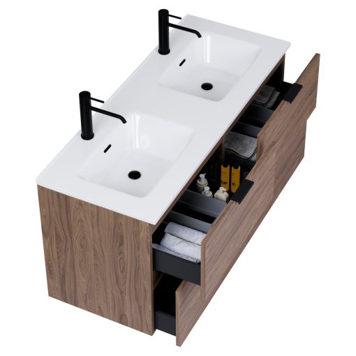 HD Palermo Oak 120 komplett fürdőszoba bútor fali mosdószekrénnyel, matt fekete fogantyúkkal és tükörrel