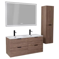   HD Palermo Oak 120 komplett fürdőszoba bútor szett fali mosdószekrénnyel, matt fekete fogantyúkkal, tükörrel és magasszekrénnyel