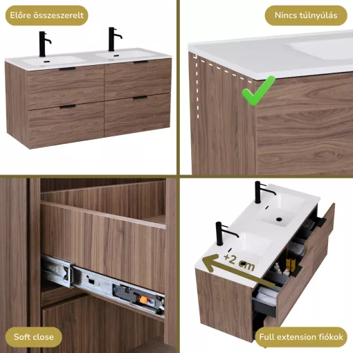 HD Palermo Oak 120 komplett fürdőszoba bútor szett fali mosdószekrénnyel, matt fekete fogantyúkkal, tükörrel és magasszekrénnyel