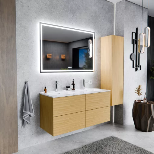HD Aria Pro Hickory 120 komplett fürdőszoba bútor fali push-to-open mosdószekrénnyel és tükörrel