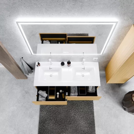 HD Aria Pro Hickory 120 komplett fürdőszoba bútor fali push-to-open mosdószekrénnyel és tükörrel