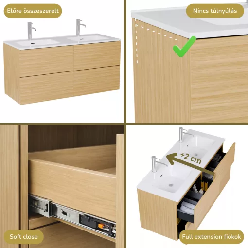 HD Aria Pro Hickory 120 komplett fürdőszoba bútor fali push-to-open mosdószekrénnyel és tükörrel