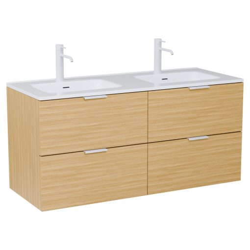 HD Palermo Hickory 120 komplett fürdőszoba bútor fali mosdószekrénnyel, matt fehér fogantyúkkal és tükörrel