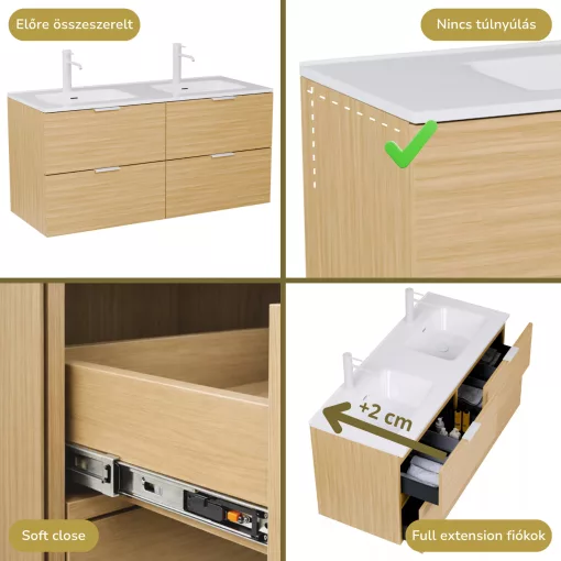 HD Palermo Hickory 120 komplett fürdőszoba bútor szett fali mosdószekrénnyel, matt fehér fogantyúkkal, tükörrel és magas szekrénnyel