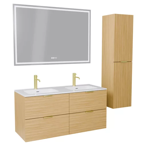 HD Palermo Hickory 120 komplett fürdőszoba bútor szett fali mosdószekrénnyel, szálcsiszolt arany fogantyúkkal, tükörrel és magas szekrénnyel