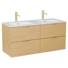 HD Palermo Hickory 120 komplett fürdőszoba bútor szett fali mosdószekrénnyel, szálcsiszolt arany fogantyúkkal, tükörrel és magas szekrénnyel