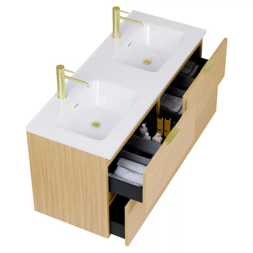 HD Palermo Hickory 120 komplett fürdőszoba bútor szett fali mosdószekrénnyel, szálcsiszolt arany fogantyúkkal, tükörrel és magas szekrénnyel