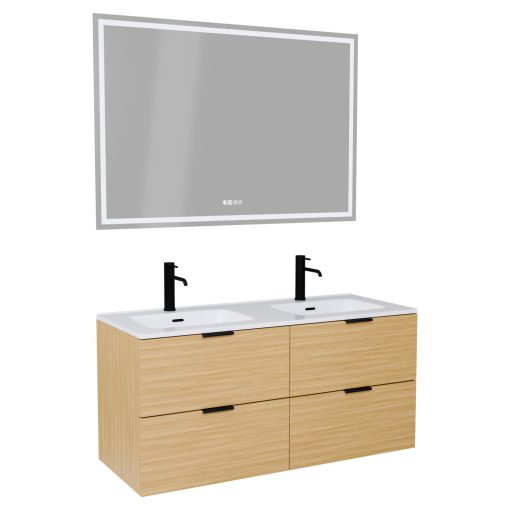 HD Palermo Hickory 120 komplett fürdőszoba bútor fali mosdószekrénnyel, matt fekete fogantyúkkal és tükörrel