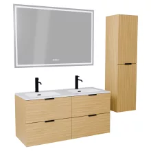 HD Palermo Hickory 120 komplett fürdőszoba bútor szett fali mosdószekrénnyel, matt fekete fogantyúkkal, tükörrel és magas szekrénnyel