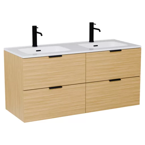 HD Palermo Hickory 120 komplett fürdőszoba bútor szett fali mosdószekrénnyel, matt fekete fogantyúkkal, tükörrel és magas szekrénnyel