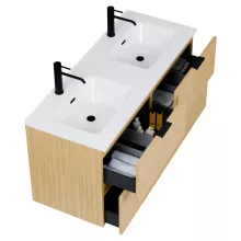 HD Palermo Hickory 120 komplett fürdőszoba bútor szett fali mosdószekrénnyel, matt fekete fogantyúkkal, tükörrel és magas szekrénnyel