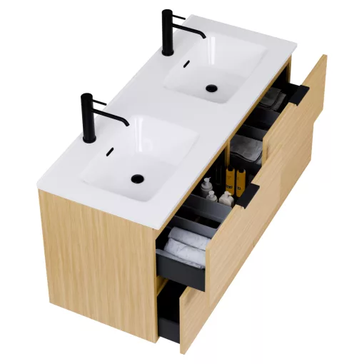 HD Palermo Hickory 120 komplett fürdőszoba bútor szett fali mosdószekrénnyel, matt fekete fogantyúkkal, tükörrel és magas szekrénnyel