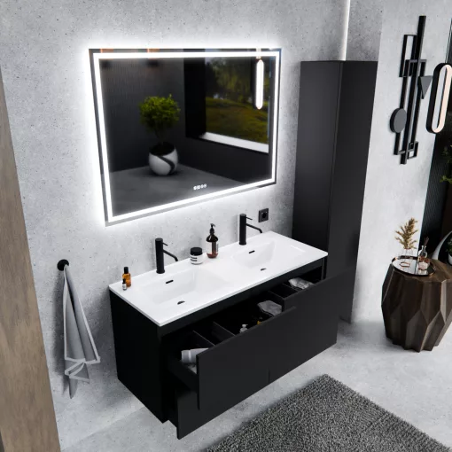 HD Aria Pro Black 120 komplett fürdőszoba bútor fali push-to-open mosdószekrénnyel és tükörrel