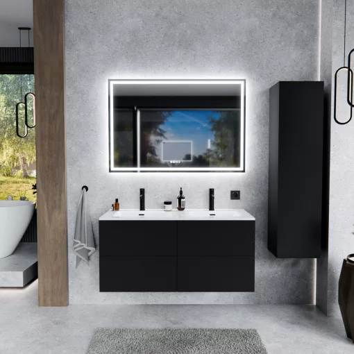 HD Aria Pro Black 120 komplett fürdőszoba bútor fali push-to-open mosdószekrénnyel és tükörrel