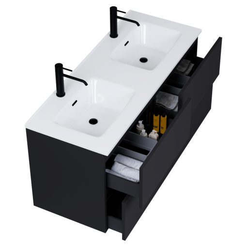 HD Aria Pro Black 120 komplett fürdőszoba bútor szett fali push-to-open mosdószekrénnyel, tükörrel és magasszekrénnyel