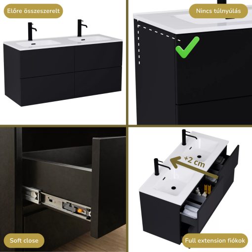 HD Aria Pro Black 120 komplett fürdőszoba bútor szett fali push-to-open mosdószekrénnyel, tükörrel és magasszekrénnyel