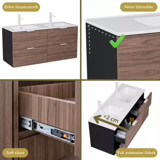 HD Palermo Black-Oak 120 fali mosdószekrény matt fehér fogantyúkkal