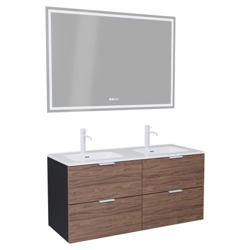 HD Palermo Black-Oak 120 komplett fürdőszoba bútor fali mosdószekrénnyel, matt fehér fogantyúkkal és tükörrel